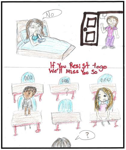 drawing of kids at school in a classroom, but one of the chairs is empty.